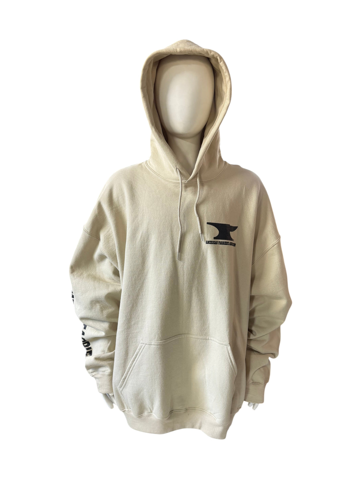 My Store AFA hoodie in beige cotton-poly blend with black anvil logo on chest and text on sleeve