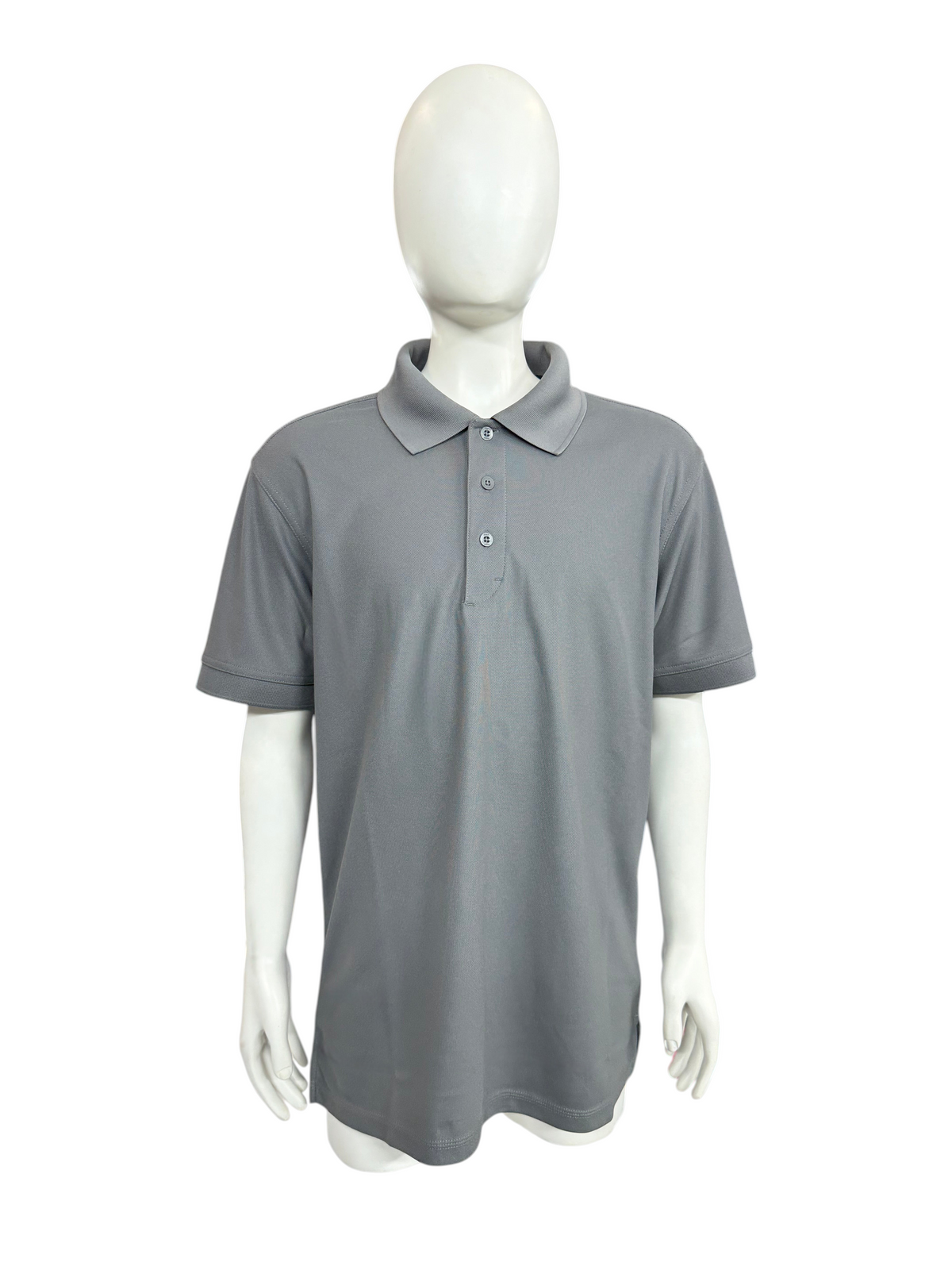 My Store men's OGIO polo shirt in grey with a classic collar and three-button placket on a white mannequin
