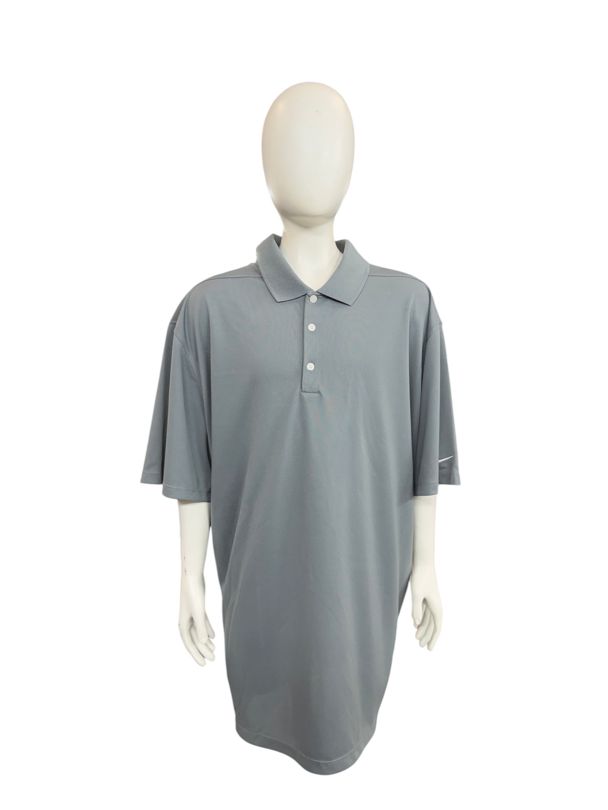 My Store Men's Nike Dry-Fit grey polo shirt on a mannequin, featuring a lightweight, flexible, moisture-wicking fabric.