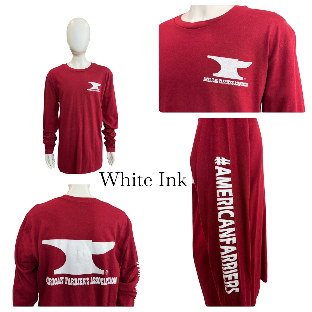 My Store AFA long sleeve maroon t-shirt with white anvil logo on chest and American Farriers Association sleeve print
