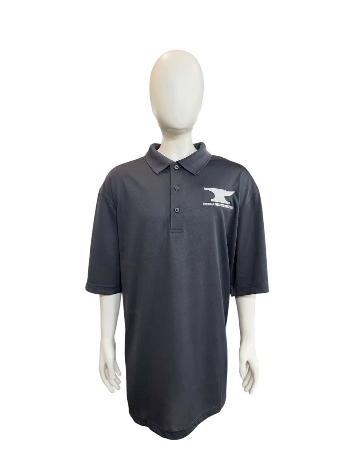 My Store AFA men's charcoal grey moisture-wicking polo shirt with white anvil logo embroidery on a mannequin