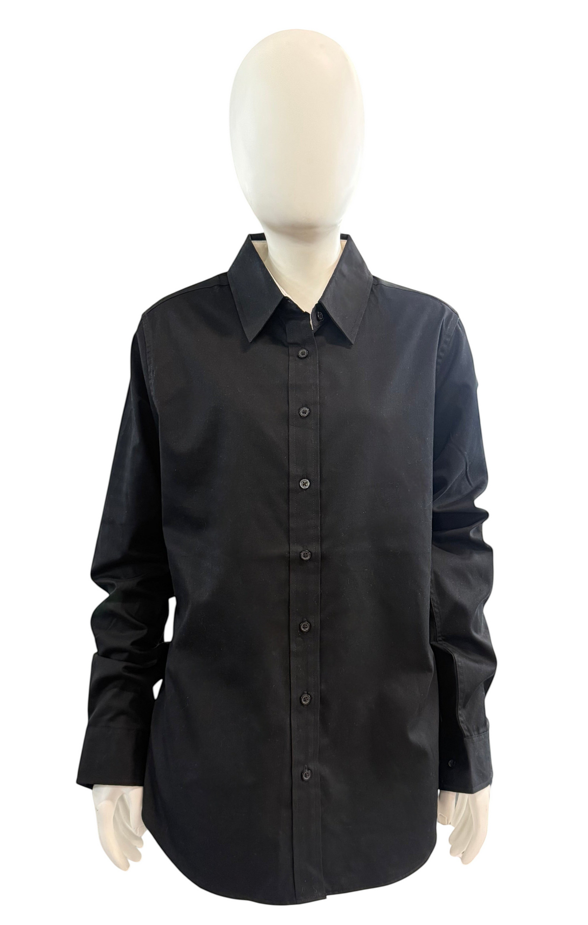 My Store AFA ladies black long sleeve dress shirt with open collar and dyed-to-match buttons on a mannequin
