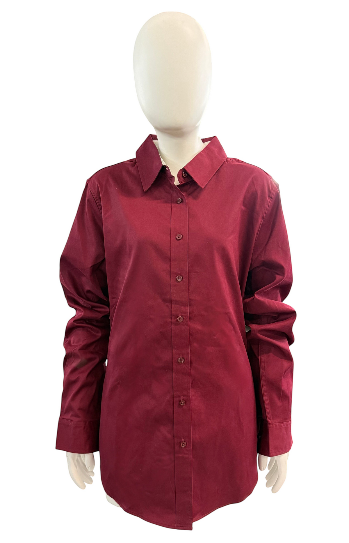 My Store AFA ladies long sleeve dress shirt in burgundy cotton-poly blend with open collar and matching buttons.