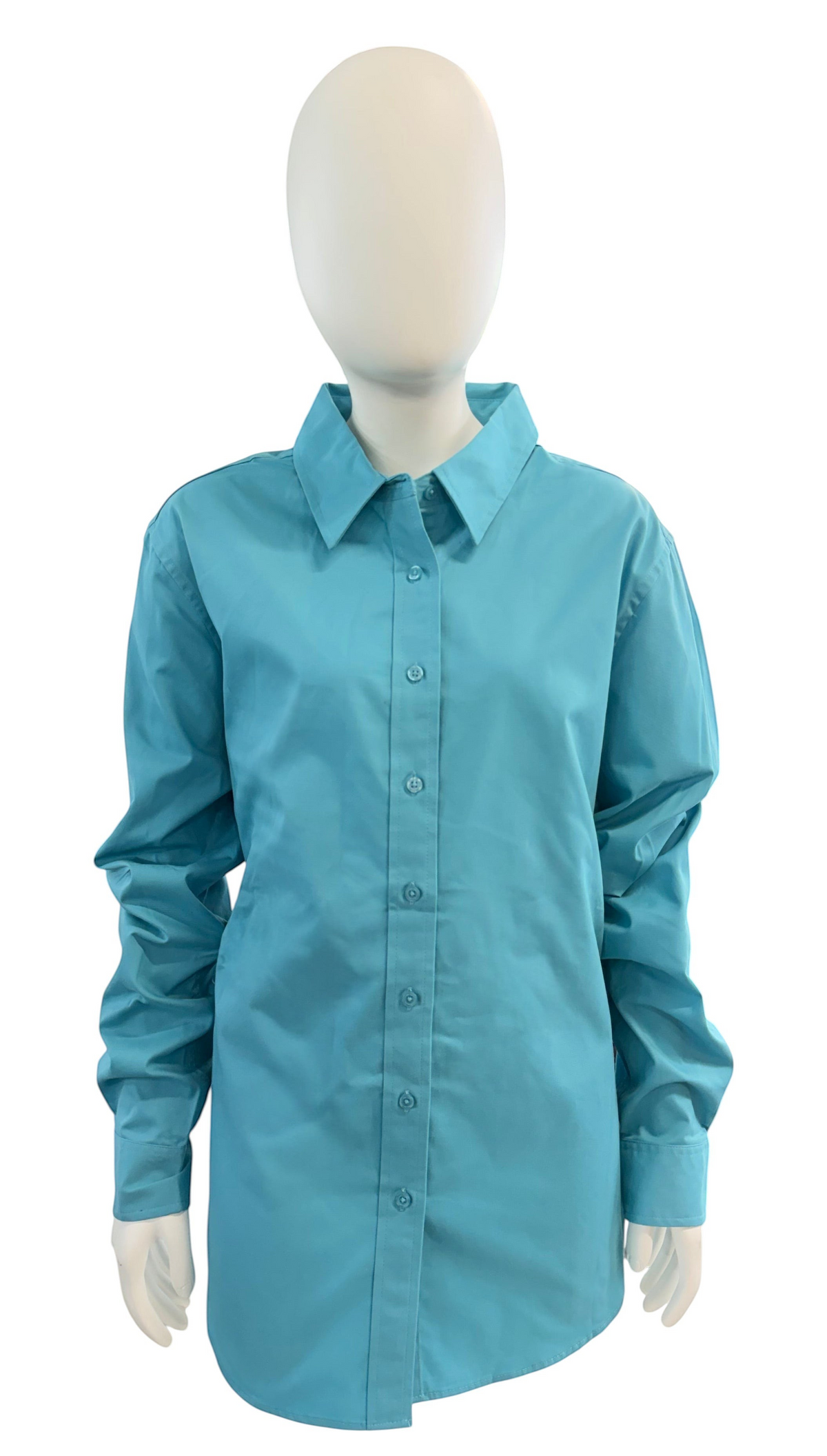 My Store AFA ladies long sleeve dress shirt in teal cotton-poly blend with open collar and matching buttons