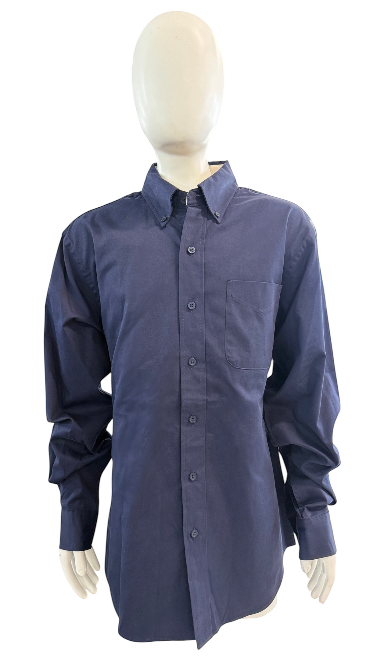 My Store AFA men's navy blue long sleeve dress shirt with button-down collar and chest pocket on a mannequin