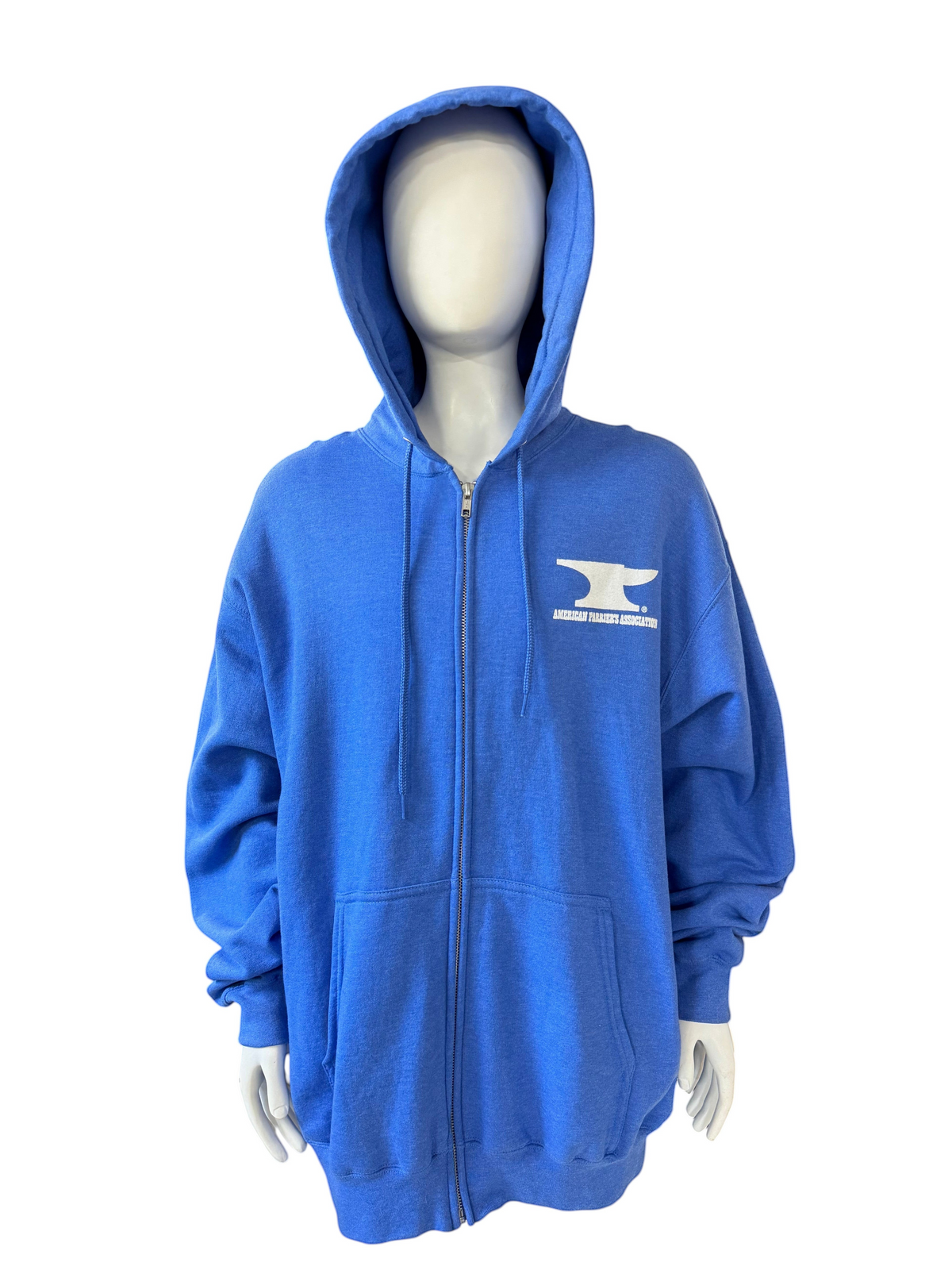 My Store blue zip-up hoodie with white American Farrier's Association logo on chest, displayed on a mannequin.
