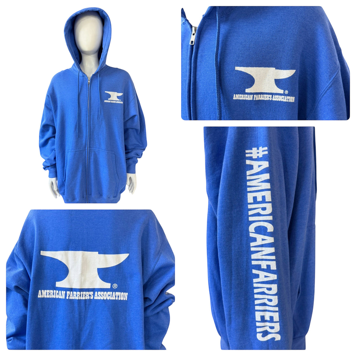 My Store royal blue zip-up hoodie featuring the American Farrier's Association anvil logo on chest, back, and sleeve.