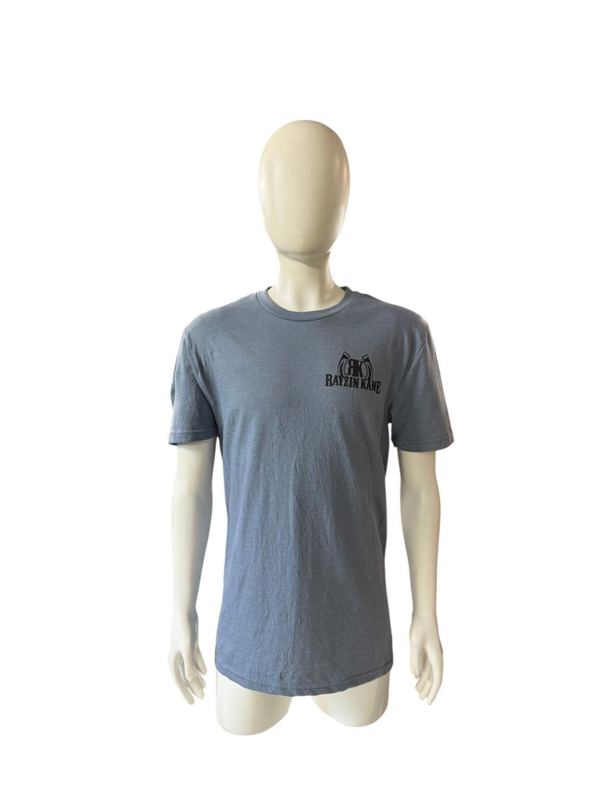 My Store Rayzin Kane heathered blue short sleeve tri-blend t-shirt on a mannequin in a warehouse setting