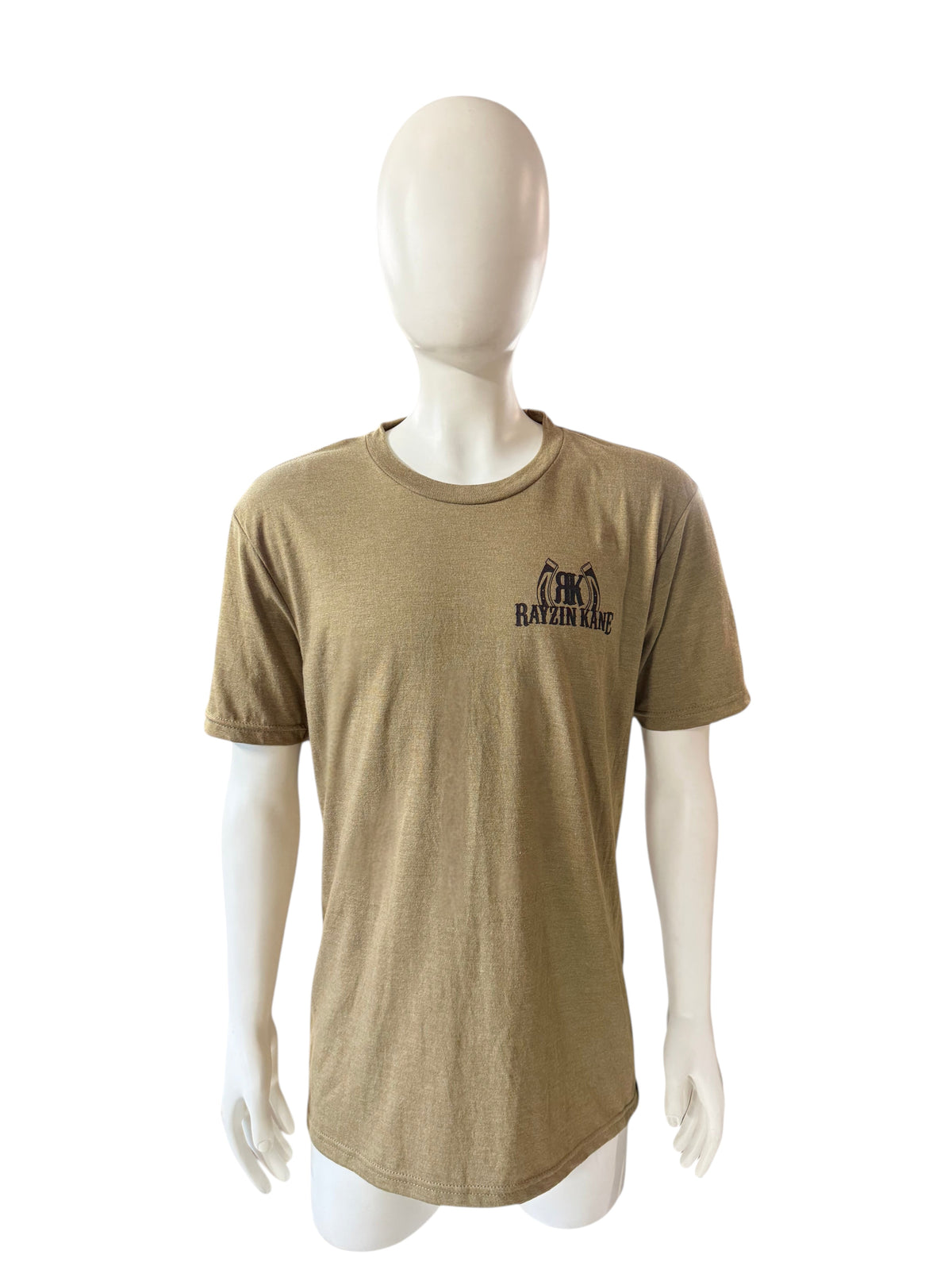 My Store Rayzin Kane olive green tri-blend short sleeve t-shirt with a small black chest logo on a mannequin