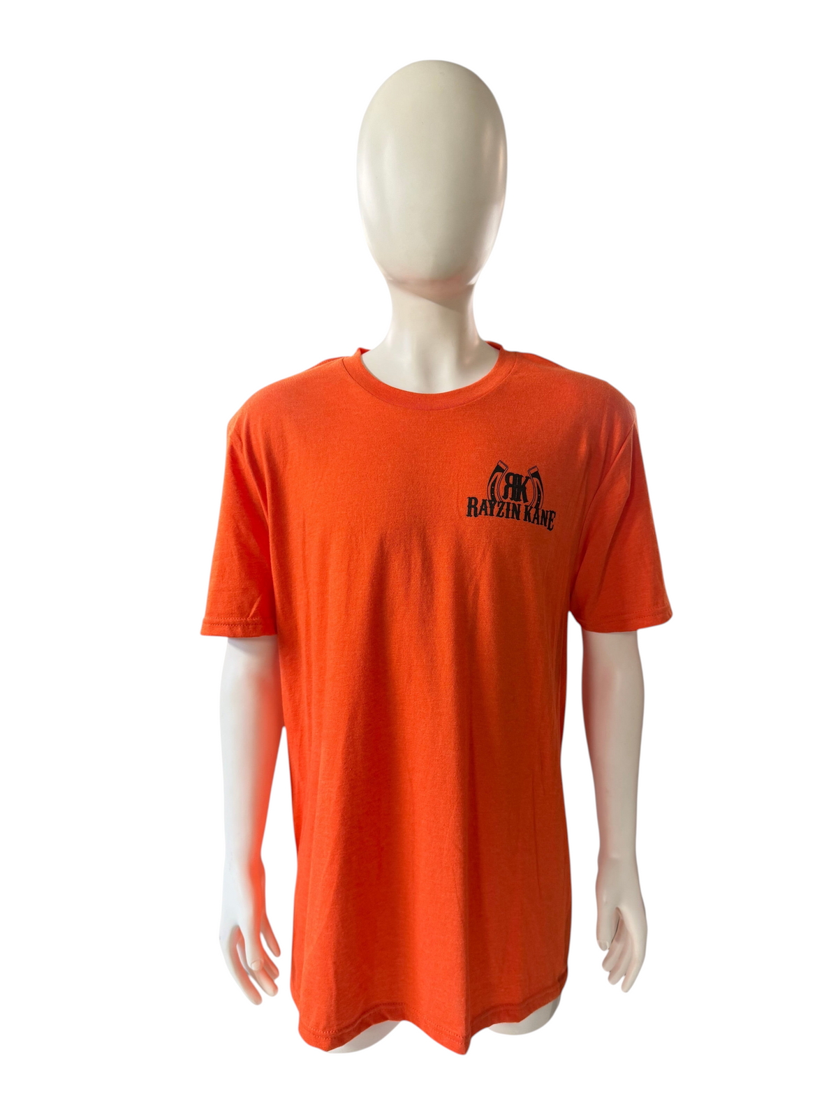 My Store Rayzin Kane orange tri-blend short sleeve t-shirt with black chest logo on a mannequin