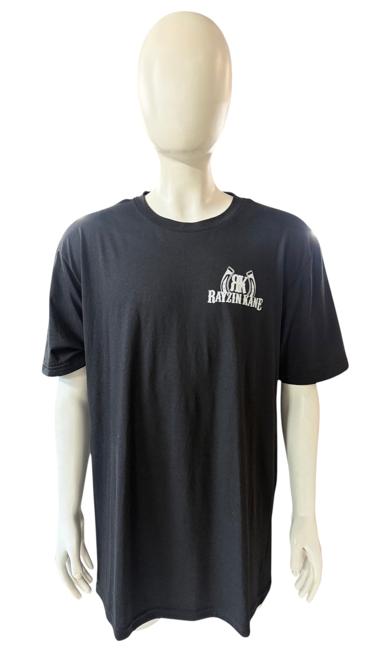 My Store Rayzin Kane black short sleeve tri-blend t-shirt with white logo on chest displayed on a mannequin
