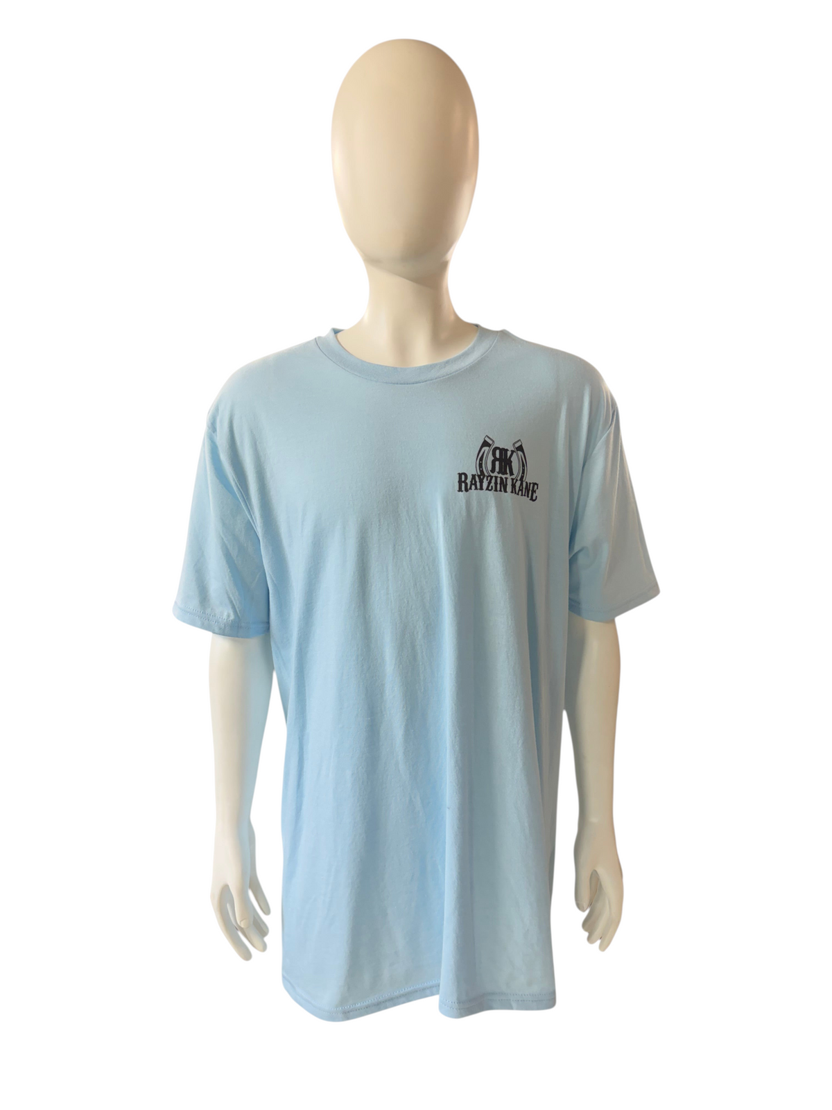 My Store light blue Rayzin Kane short sleeve tri-blend t-shirt on a mannequin in a warehouse setting