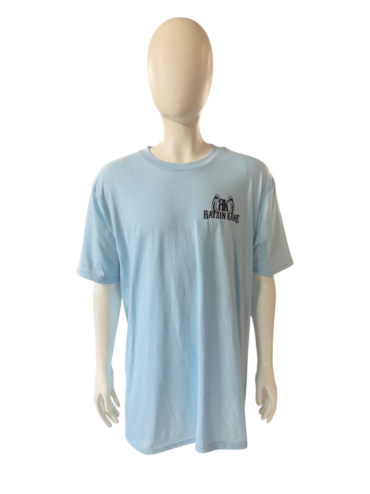 My Store light blue Rayzin Kane short sleeve tri-blend t-shirt on a mannequin in a warehouse setting