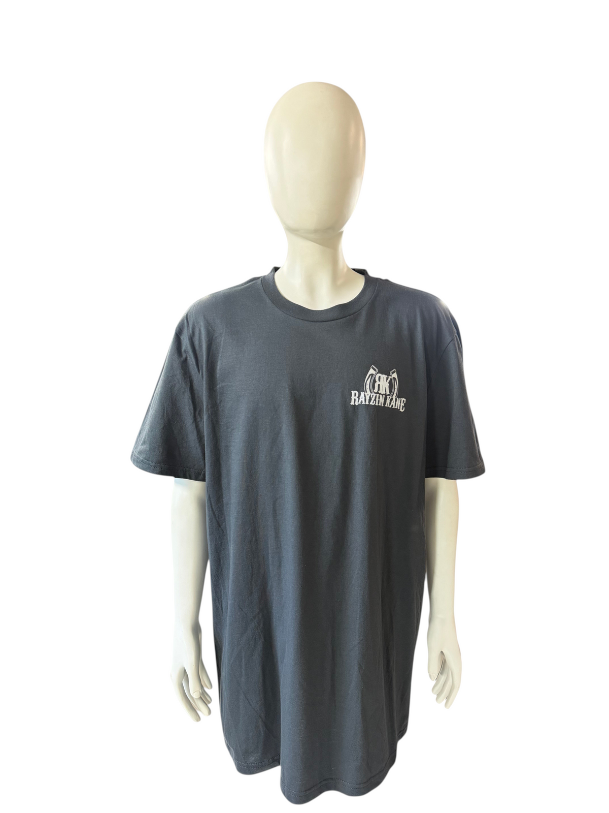 My Store Rayzin Kane charcoal grey short sleeve tri-blend t-shirt with white chest logo on a mannequin