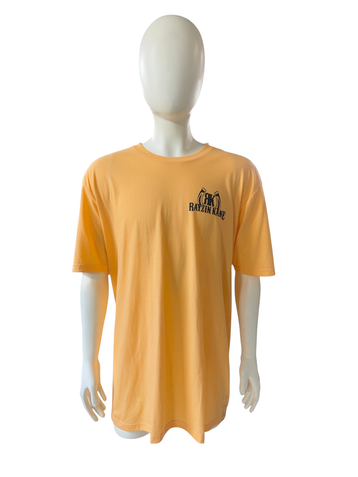 My Store Rayzin Kane short sleeve t-shirt in light orange with a small black logo on the chest, worn by a mannequin.
