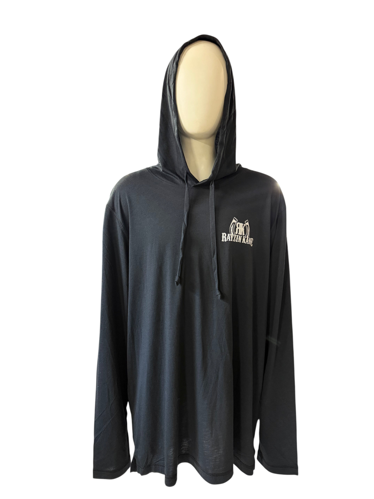 My Store Rayzin Kane black long sleeve hoodie t-shirt with white logo on chest displayed on a mannequin