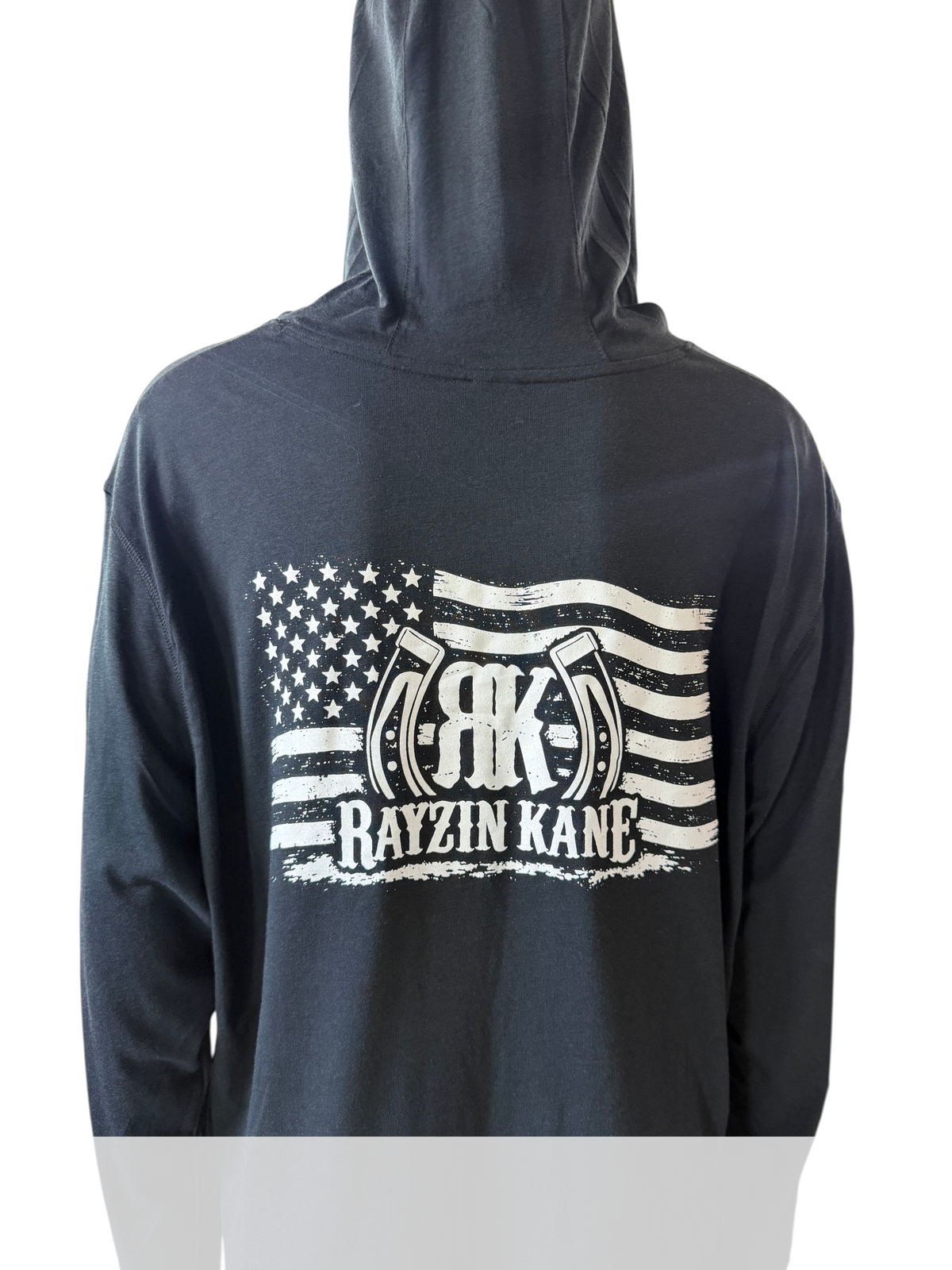 My Store black long sleeve hoodie t-shirt featuring a white distressed American flag and Rayzin Kane logo on the back