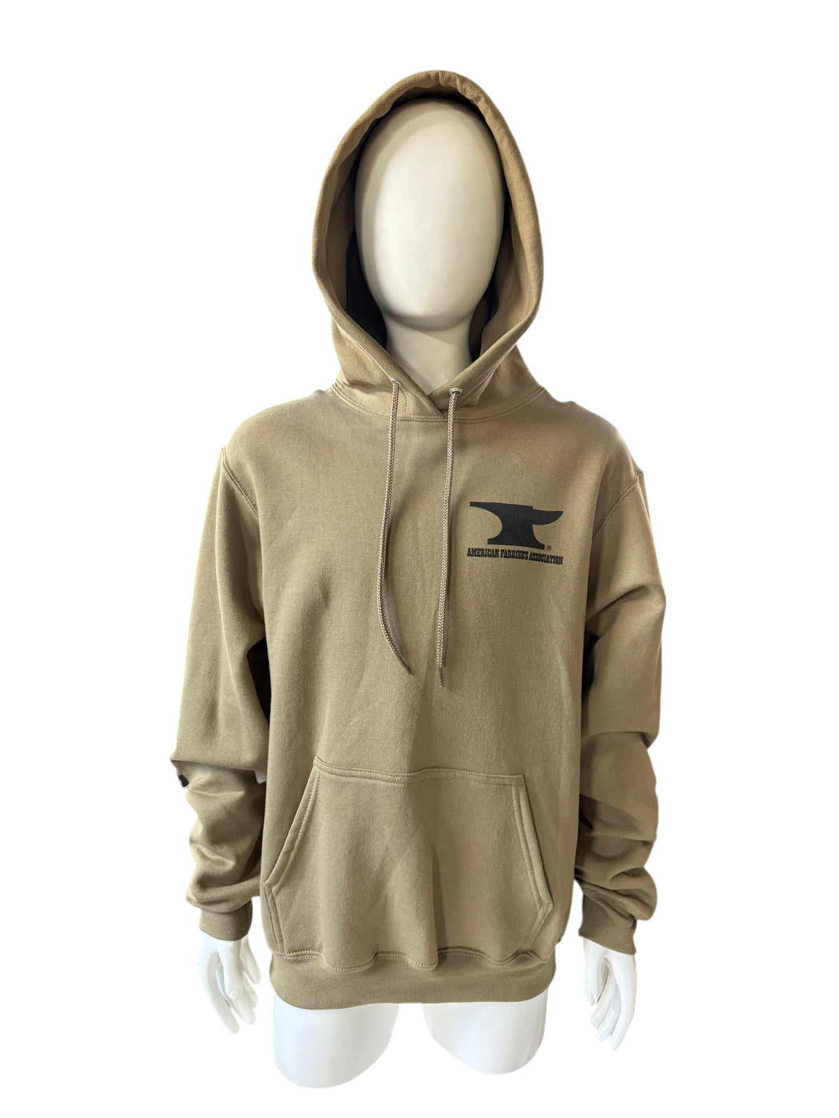 My Store AFA hoodie in tan cotton poly blend with black anvil logo on chest, displayed on a mannequin