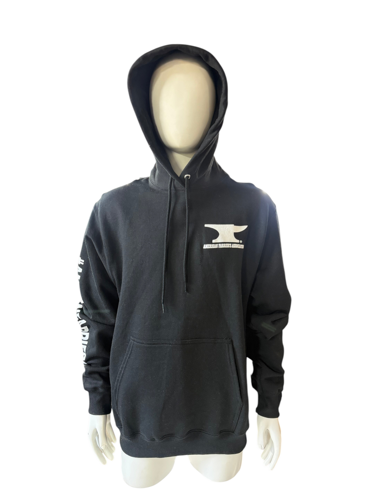 My Store AFA black cotton-poly blend hoodie with white logo on chest and sleeve, displayed on a mannequin.