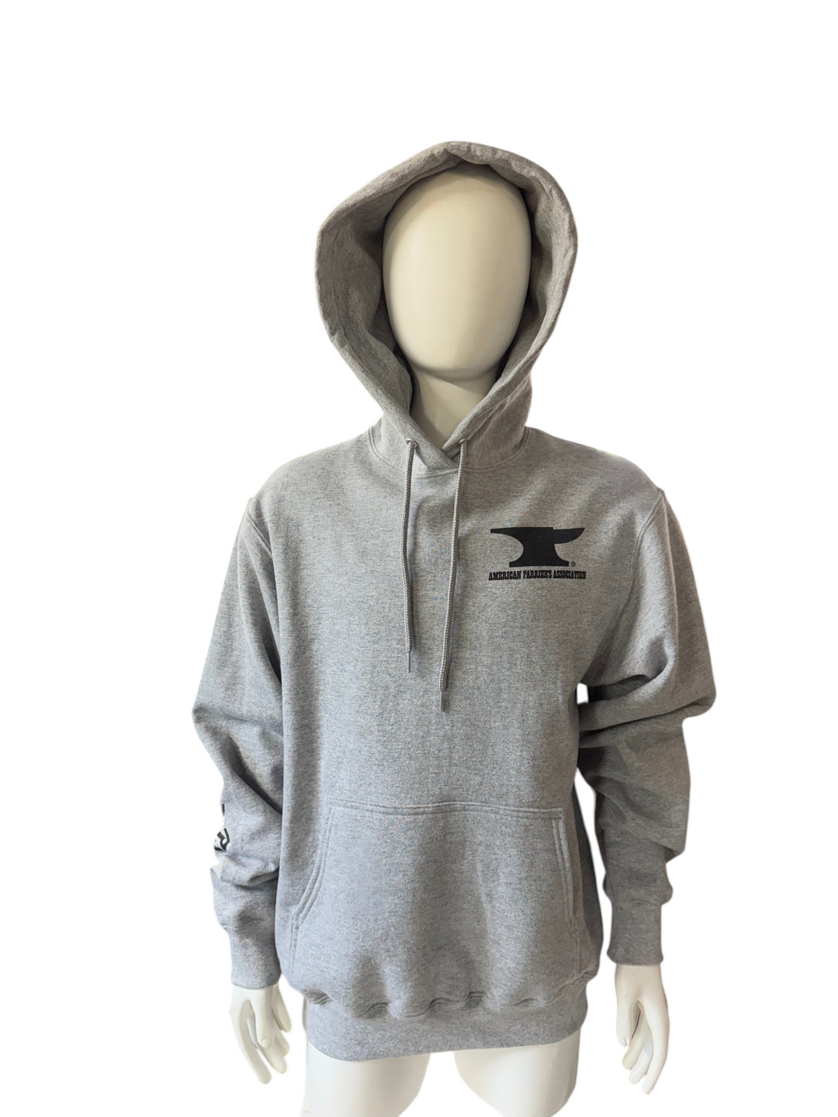 My Store grey cotton-poly blend hoodie featuring the American Farriers Association logo on a mannequin
