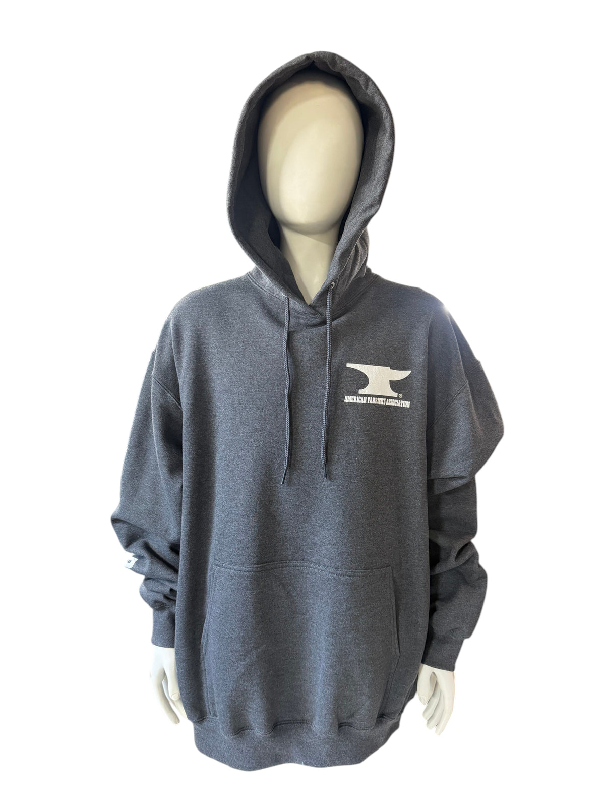My Store AFA hoodie in charcoal grey cotton-poly blend with white anvil logo on chest, displayed on a mannequin.