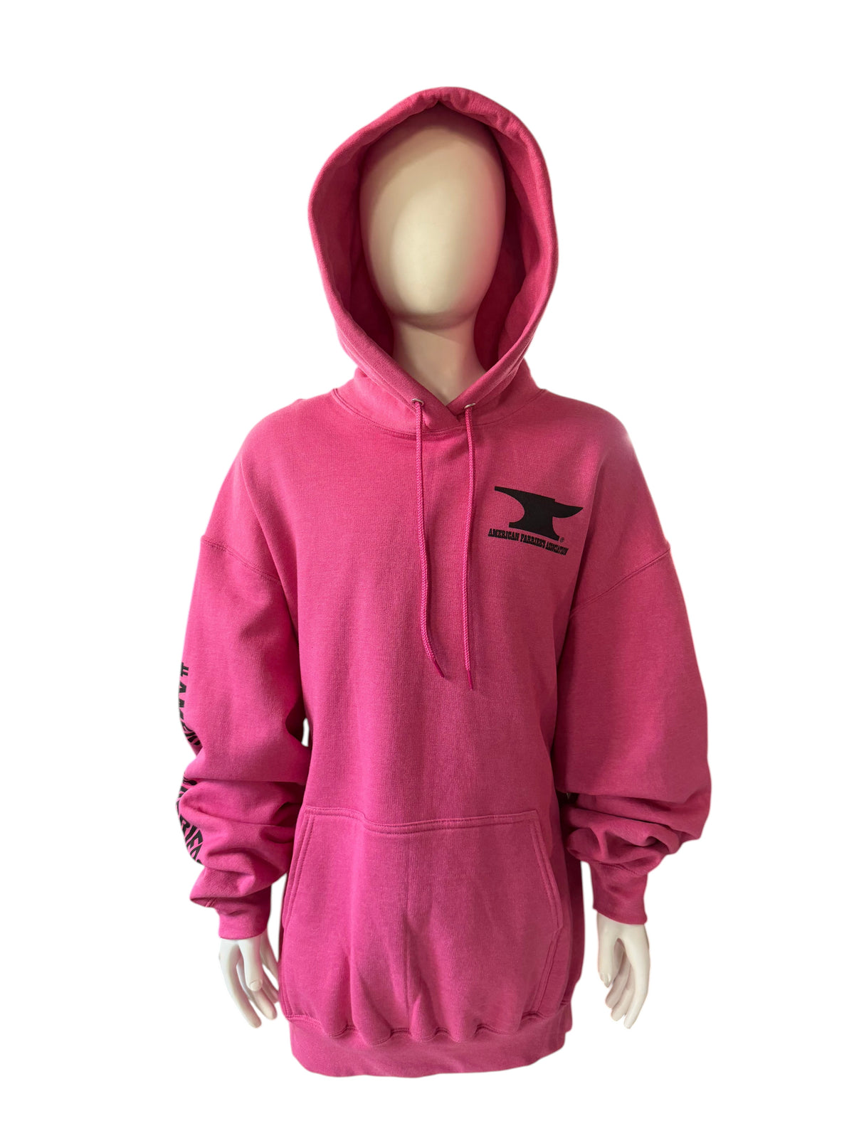 My Store AFA hoodie in bright pink cotton blend with black logo on chest and hood, displayed on a mannequin