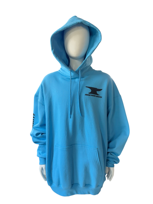 My Store AFA hoodie in bright blue cotton-poly blend with black logo on chest and hood, displayed on a mannequin.