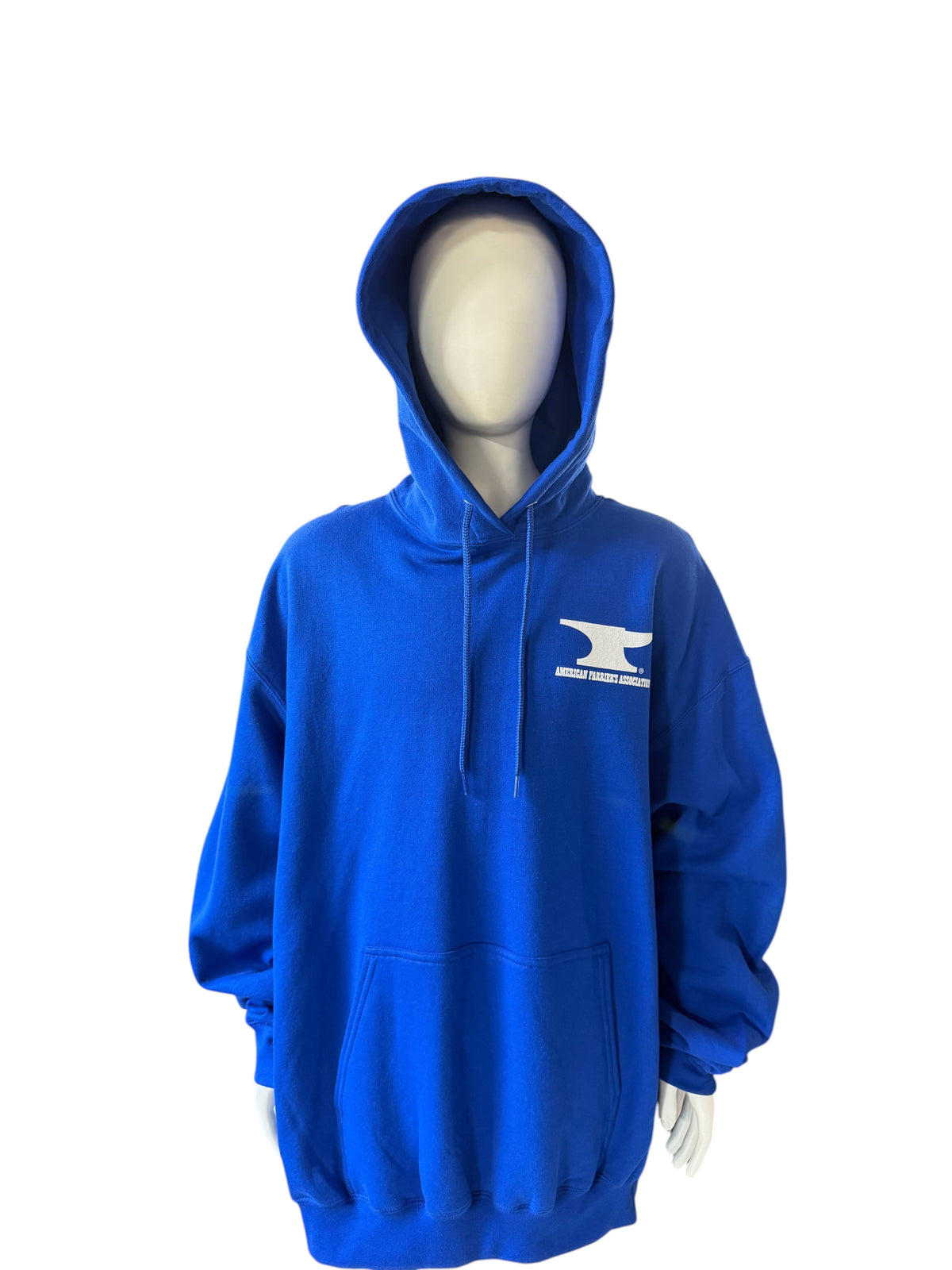 My Store royal blue AFA hoodie with front pocket and white anvil logo on a mannequin in a warehouse setting