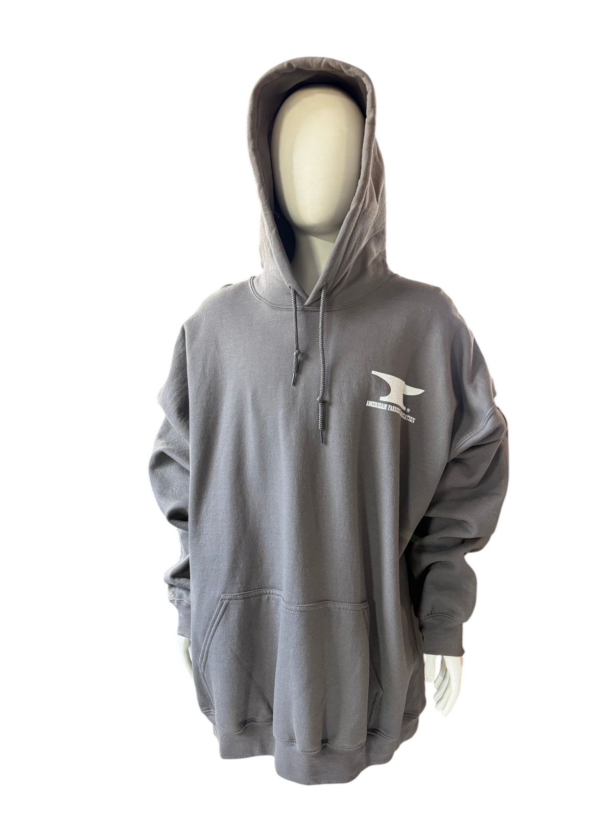 My Store AFA hoodie in grey cotton poly blend with white anvil logo on chest, displayed on a mannequin