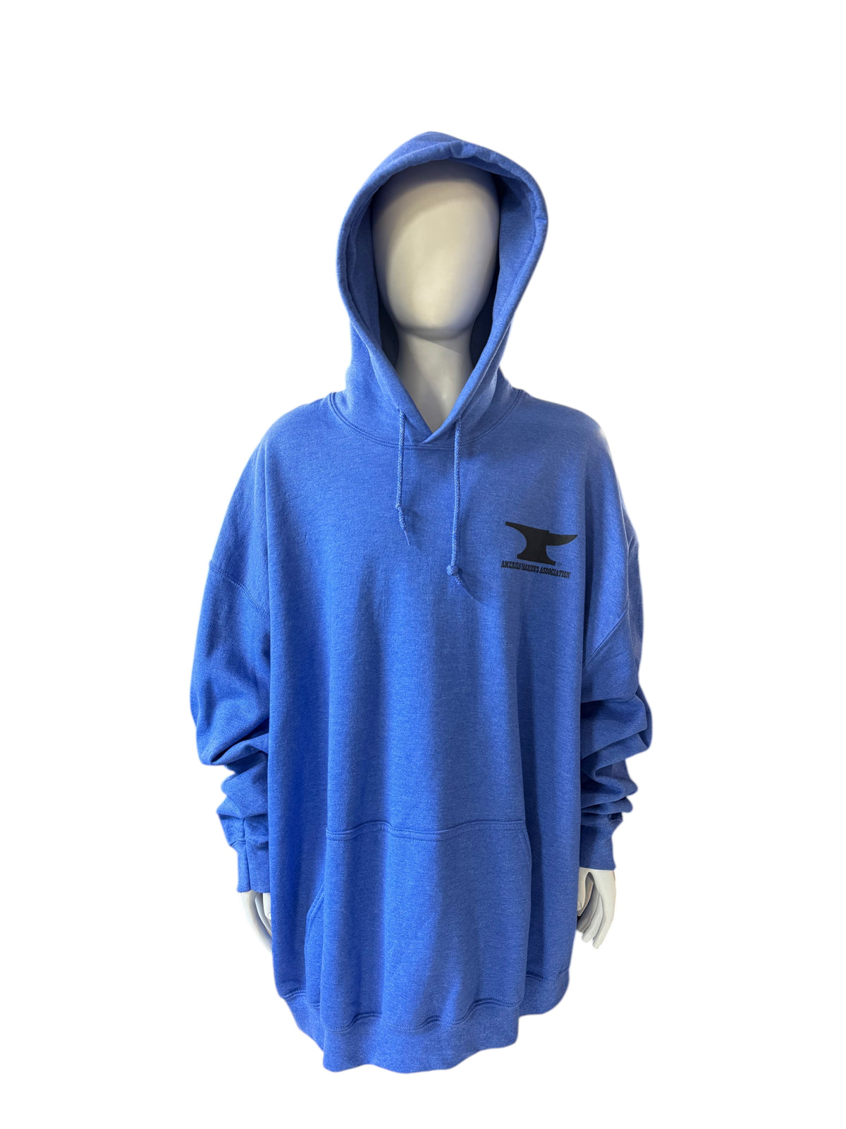 My Store AFA hoodie in blue cotton poly blend with black anvil logo on chest, displayed on a mannequin