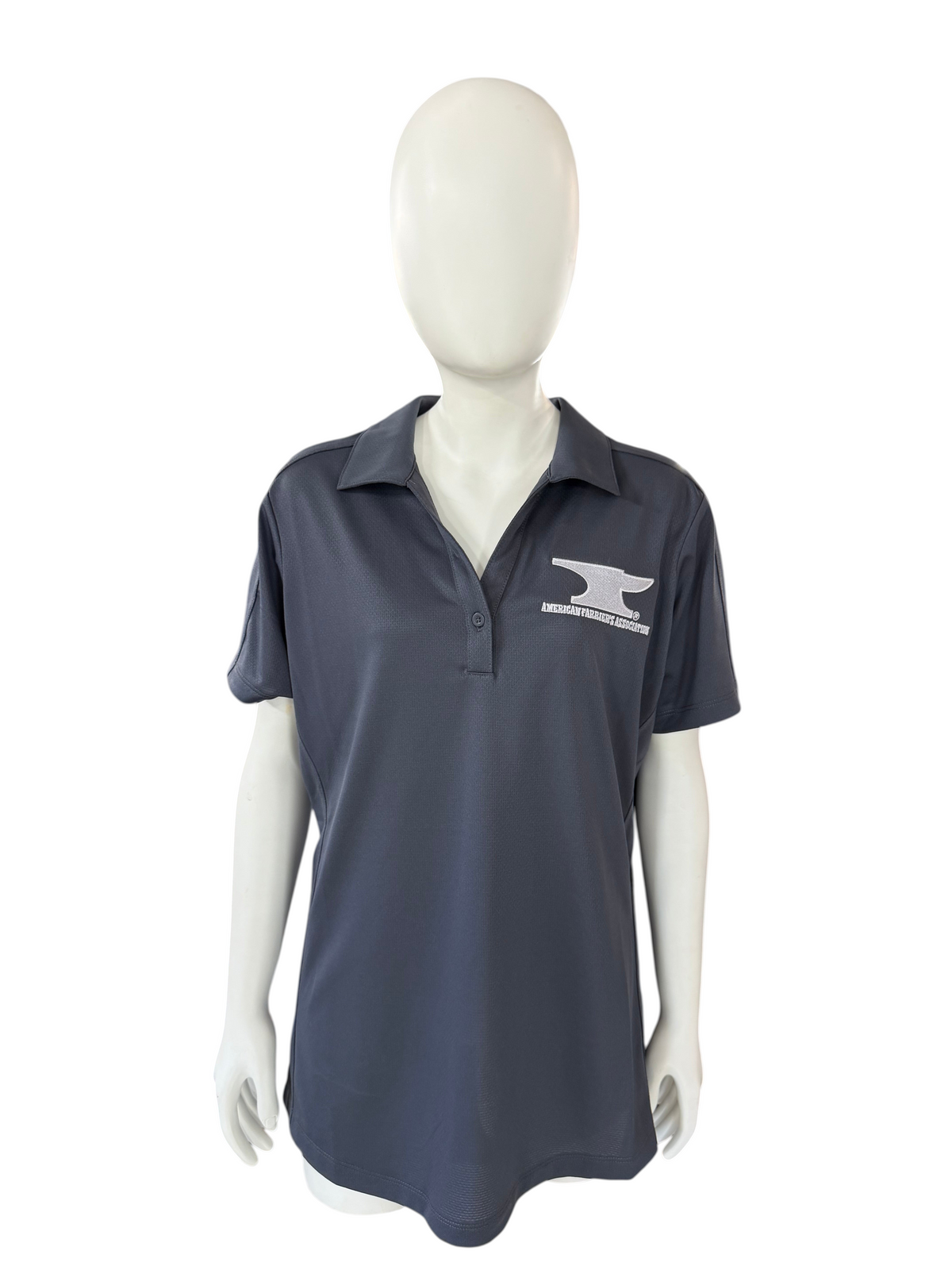 My Store ladies charcoal grey moisture-wicking polo shirt with white embroidered American Farrier's Association logo