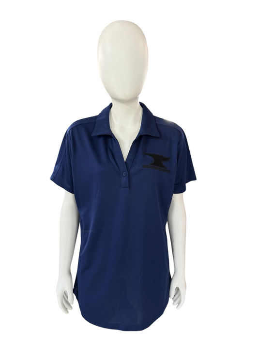 My Store ladies navy blue moisture-wicking polo shirt with black embroidered anvil logo on a mannequin