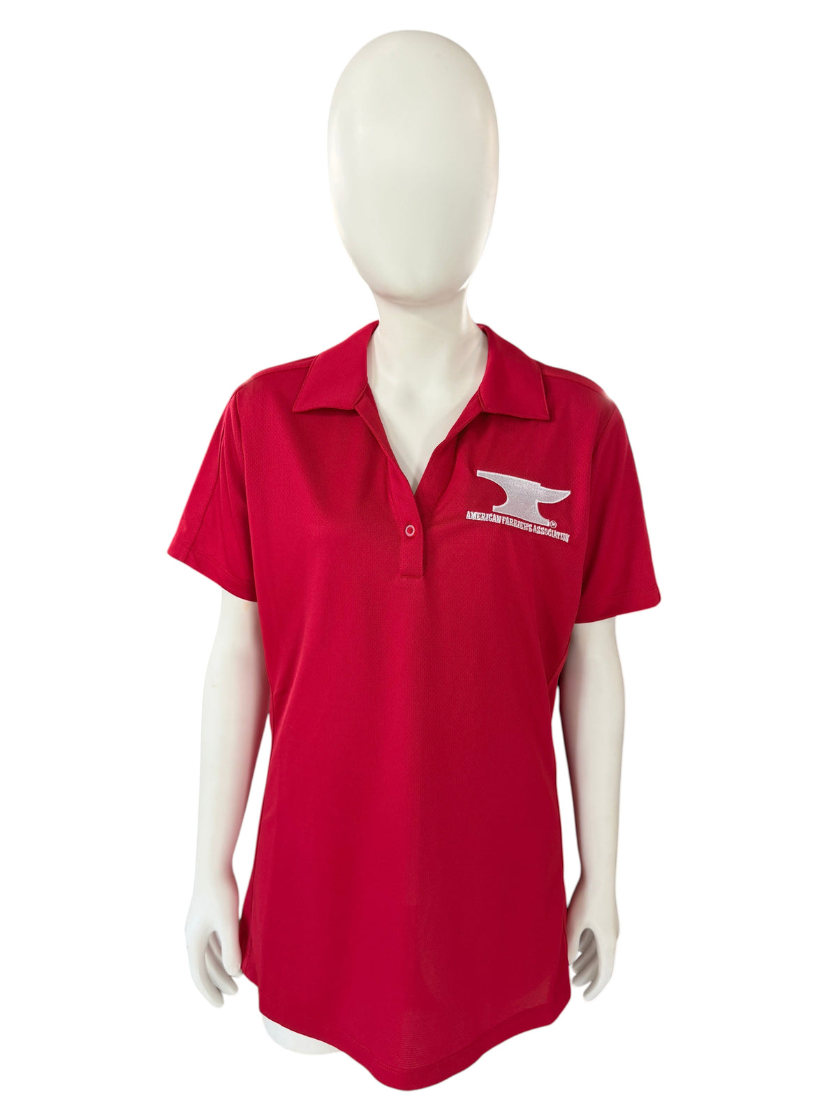 My Store red moisture-wicking ladies polo shirt with white American Farriers Association embroidery on the chest.