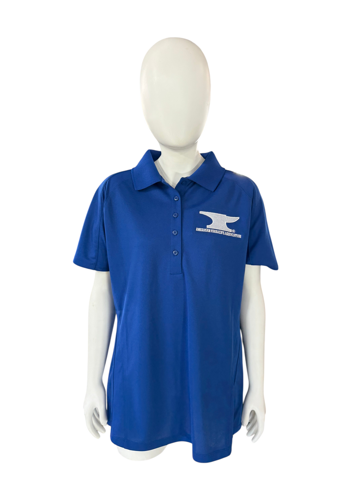 My Store AFA ladies blue moisture-wicking polo shirt with white embroidered anvil logo on a mannequin