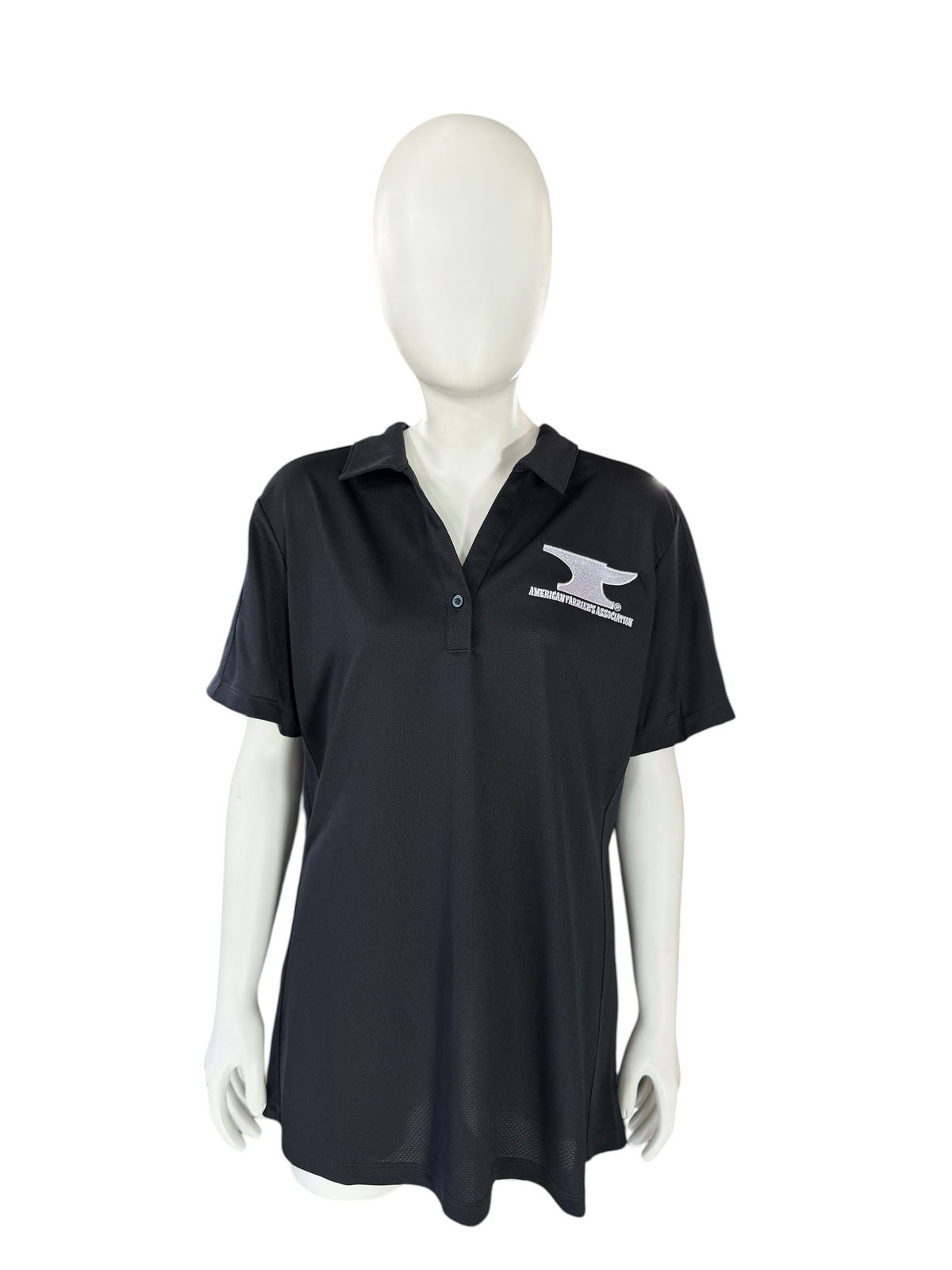 My Store AFA ladies black moisture wicking polo shirt with white embroidered anvil logo on a mannequin