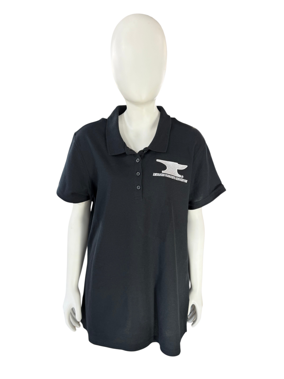 My Store ladies black polo shirt in a cotton polyester blend with white American Farriers Association embroidery