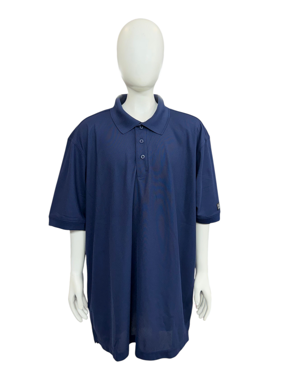My Store Men's OGIO navy blue polo shirt on a mannequin in a warehouse setting