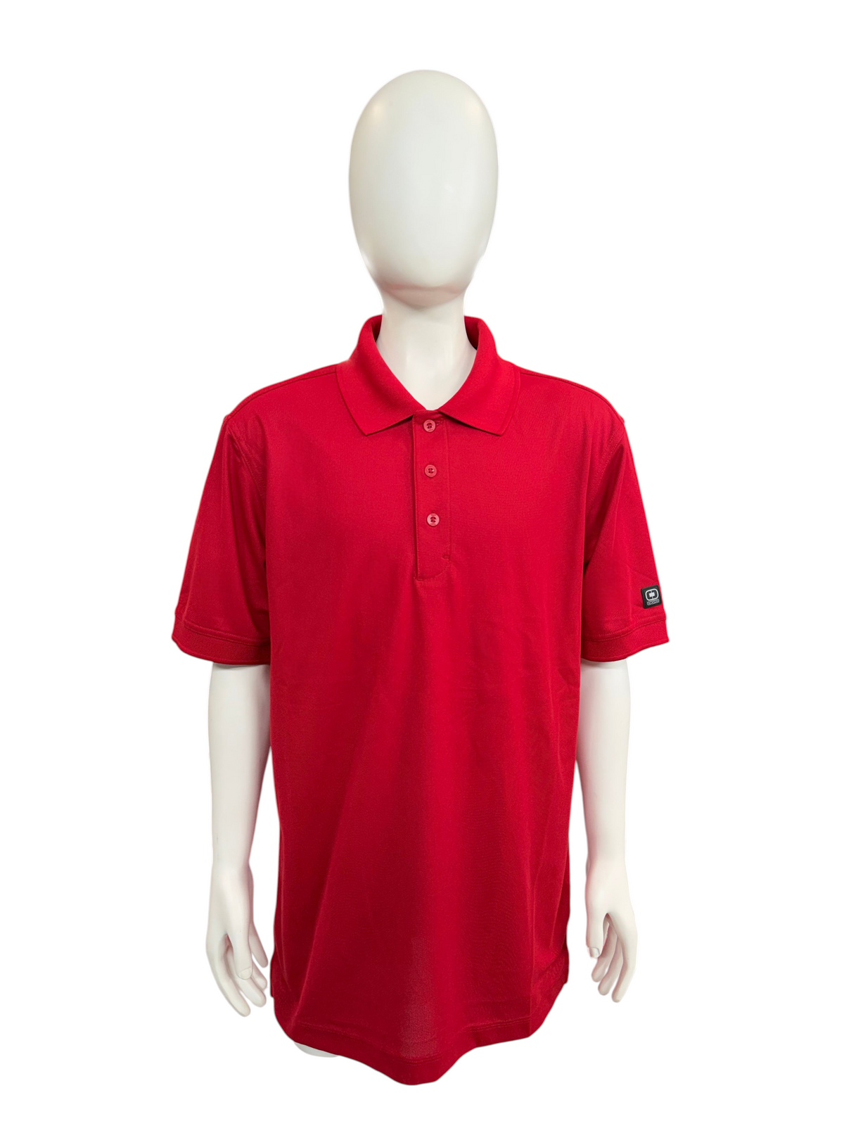 My Store men's OGIO polo shirt in bright red with a classic collar and three-button placket on a mannequin