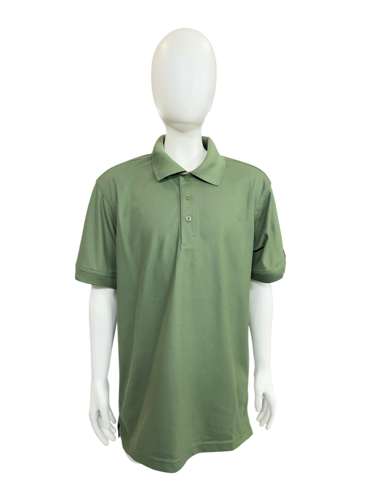 My Store men's OGIO polo shirt in olive green with a classic collar and three-button placket on a mannequin