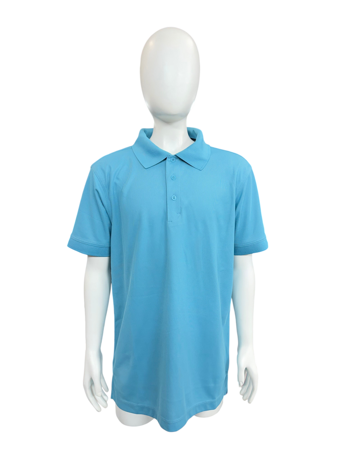 My Store men's OGIO polo shirt in bright blue featuring a classic collar and three-button placket on a mannequin
