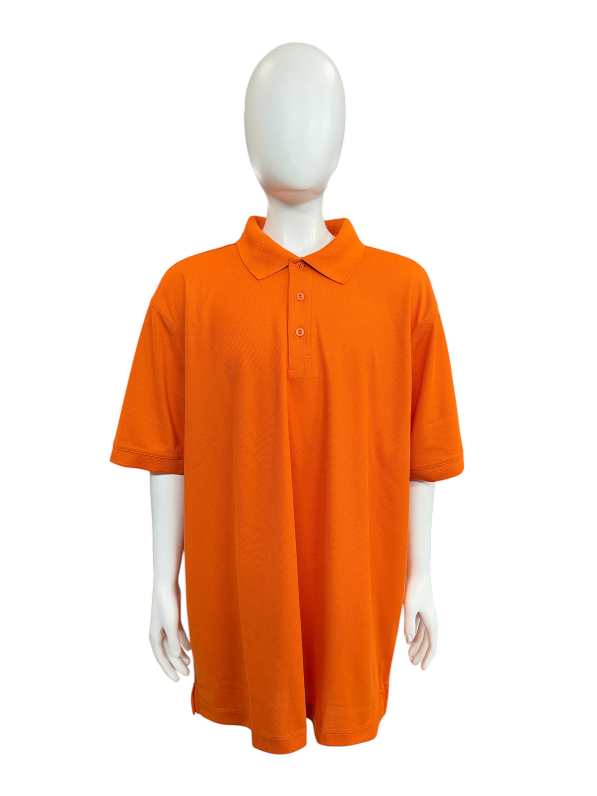 My Store Men's OGIO polo shirt in bright orange, featuring a classic collar and three-button placket on a mannequin.