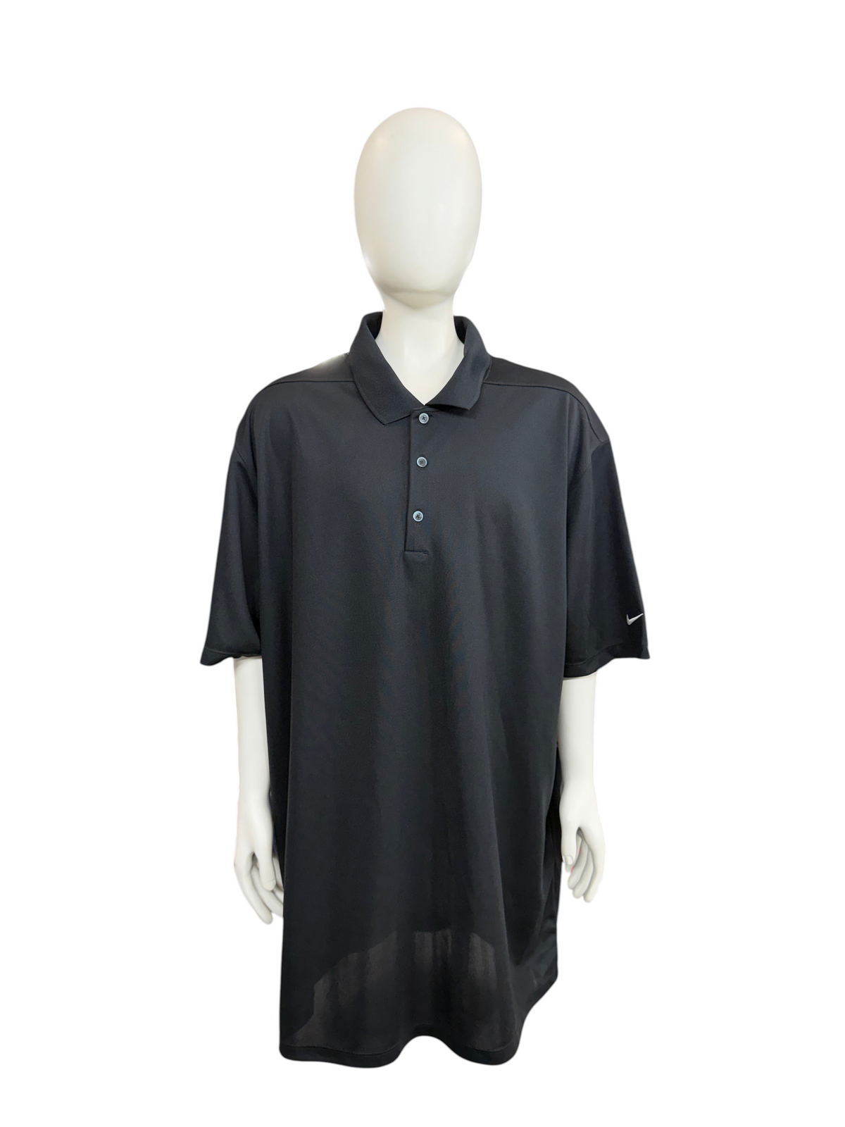 My Store black Nike Dry-Fit polo shirt on a mannequin, featuring a classic collar and lightweight moisture-wicking fabric