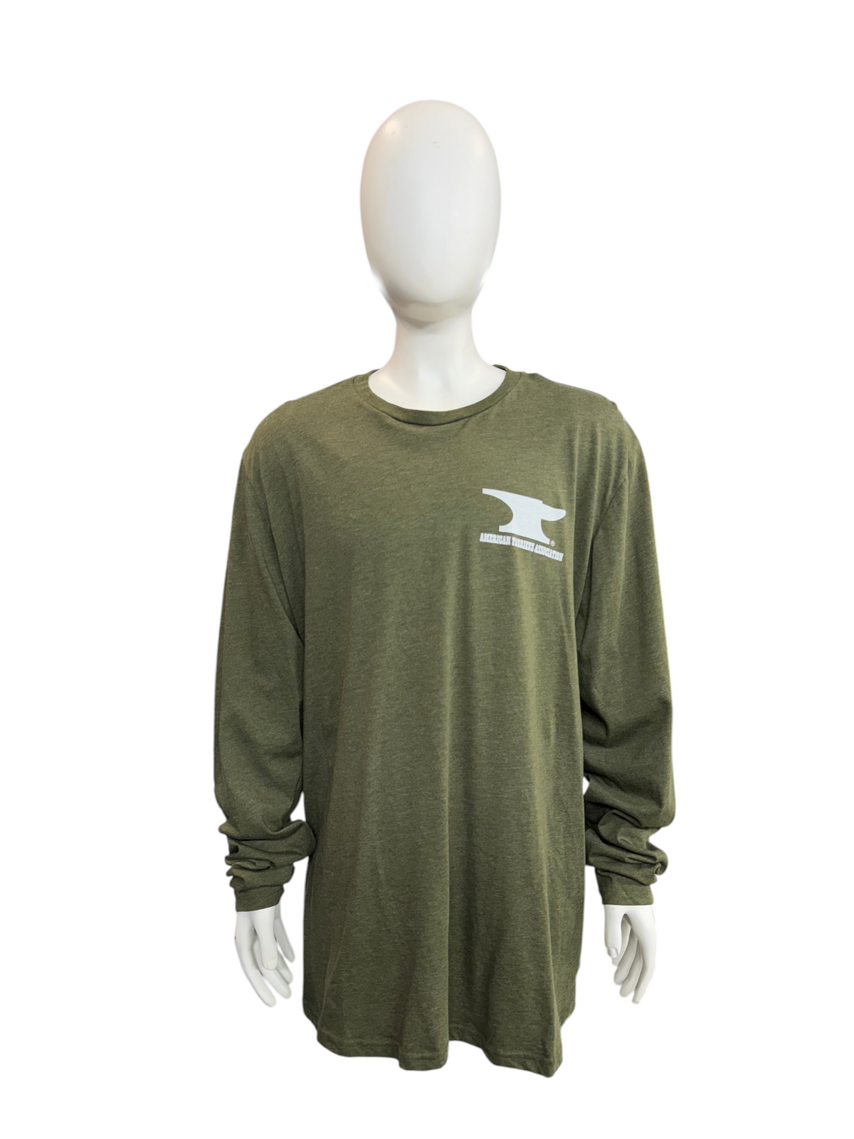 My Store olive green long sleeve crew neck t-shirt with white American Farrier's Association logo on a mannequin