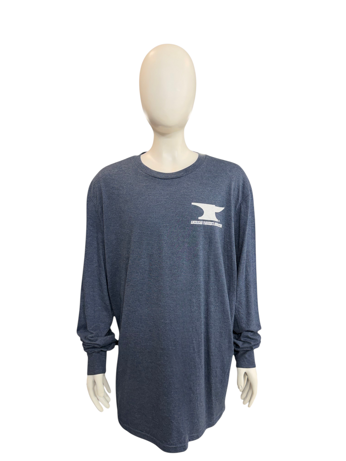 My Store AFA long sleeve t-shirt in heather navy blue with a white anvil logo on the chest, worn by a mannequin.