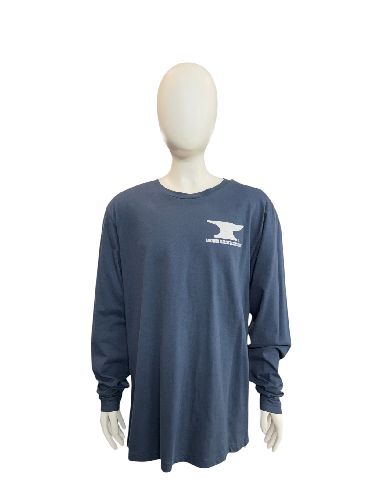 My Store AFA long sleeve navy blue t-shirt with white anvil logo on a mannequin in a workshop