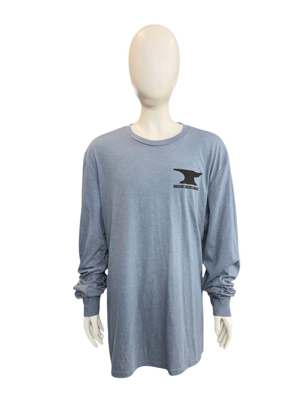 My Store AFA long sleeve t-shirt in heather blue with a black anvil logo on the chest, displayed on a mannequin.