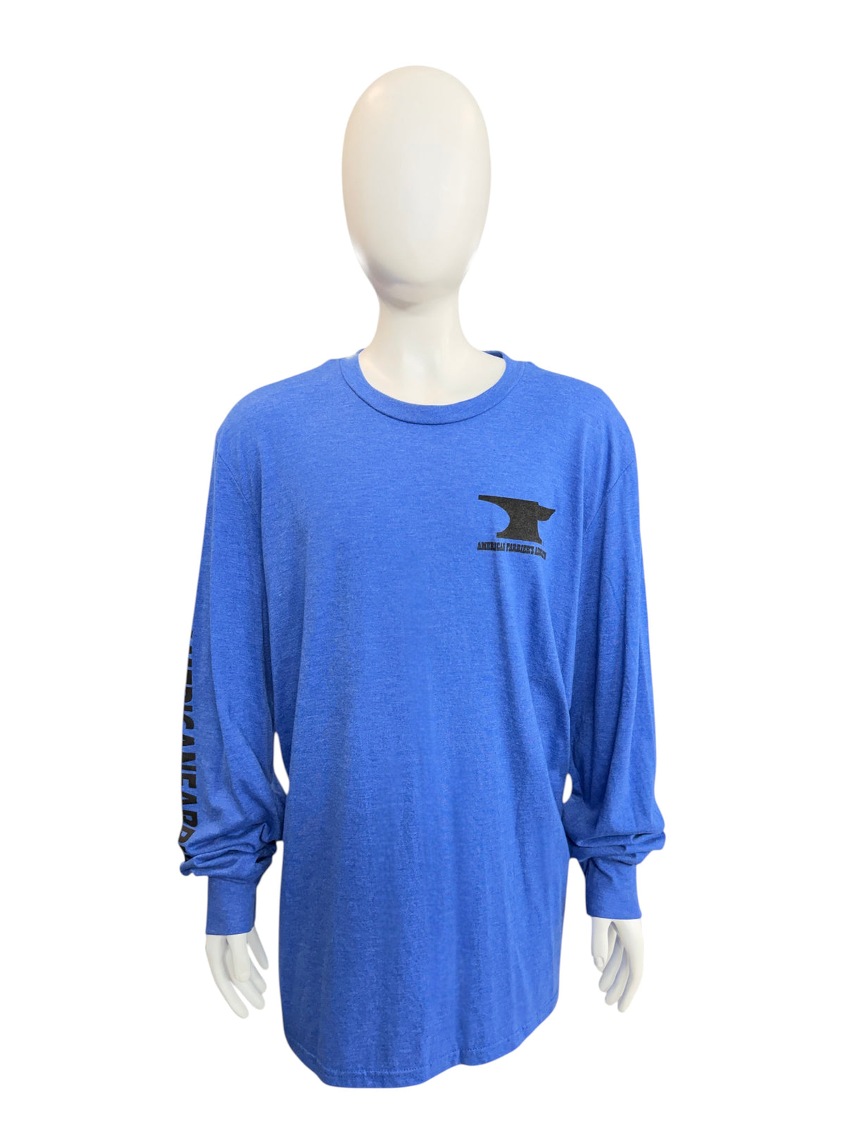 My Store blue long sleeve AFA t-shirt with black anvil logo on chest and sleeve text on a mannequin
