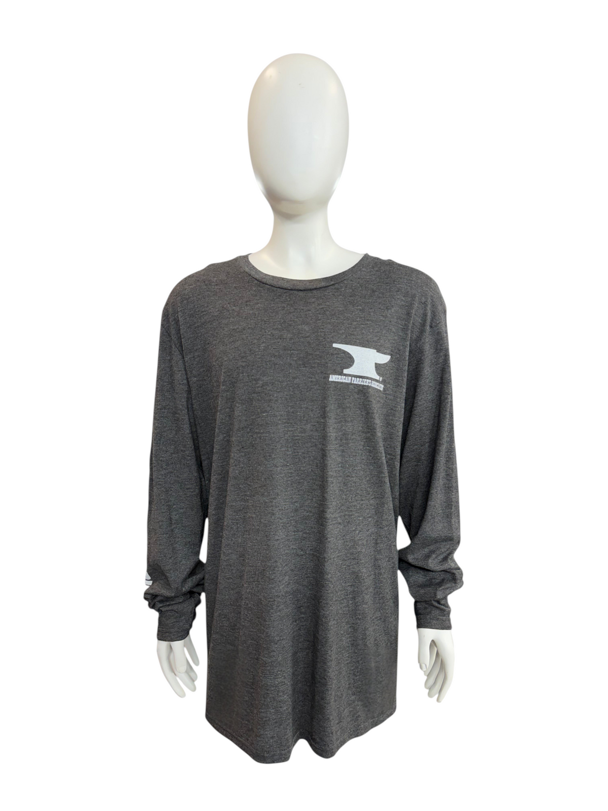My Store AFA long sleeve charcoal grey blended t-shirt with white anvil logo on a mannequin