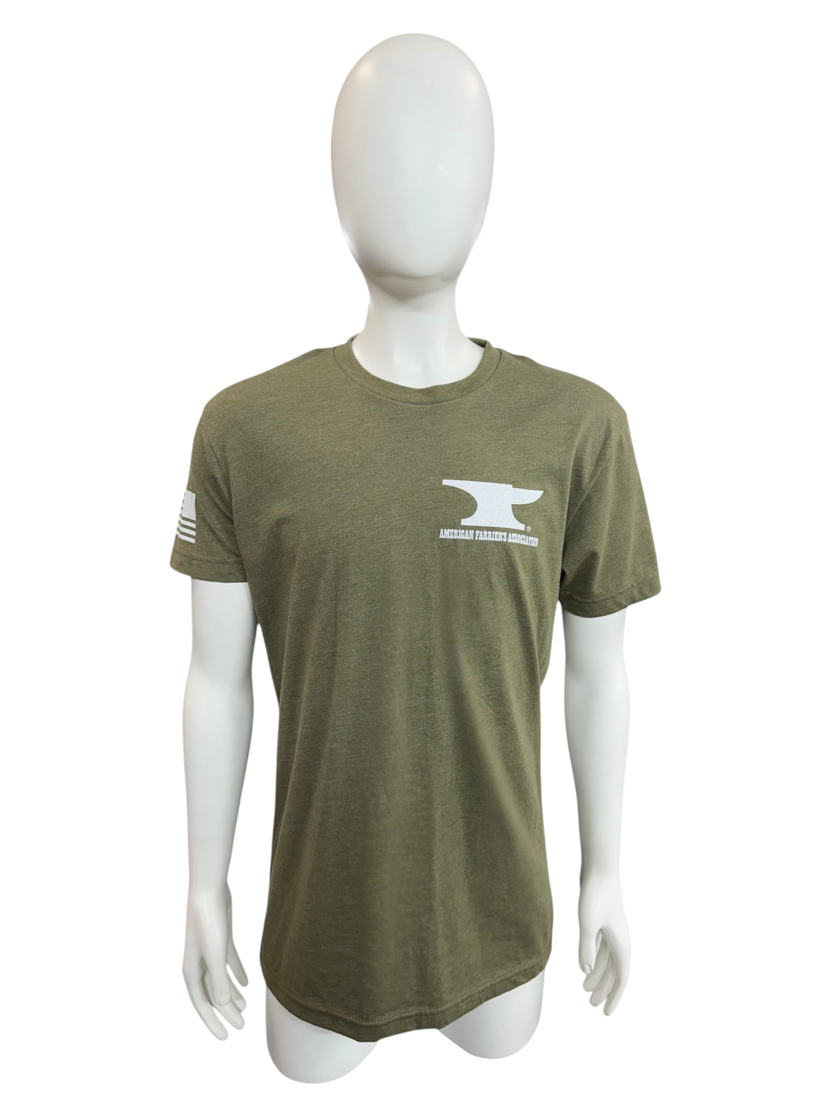 My Store olive green short sleeve t-shirt with American Farriers Association anvil logo on chest and flag on sleeve
