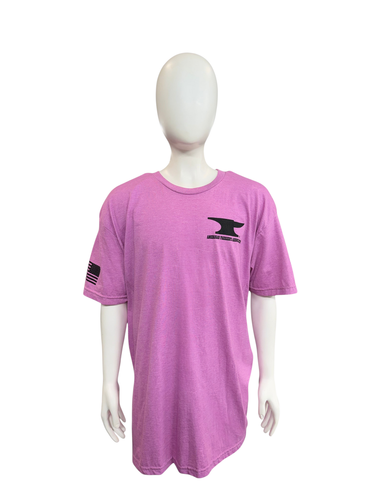 My Store AFA short sleeve t-shirt in heathered pink with a black anvil logo on the chest and flag detail on sleeve